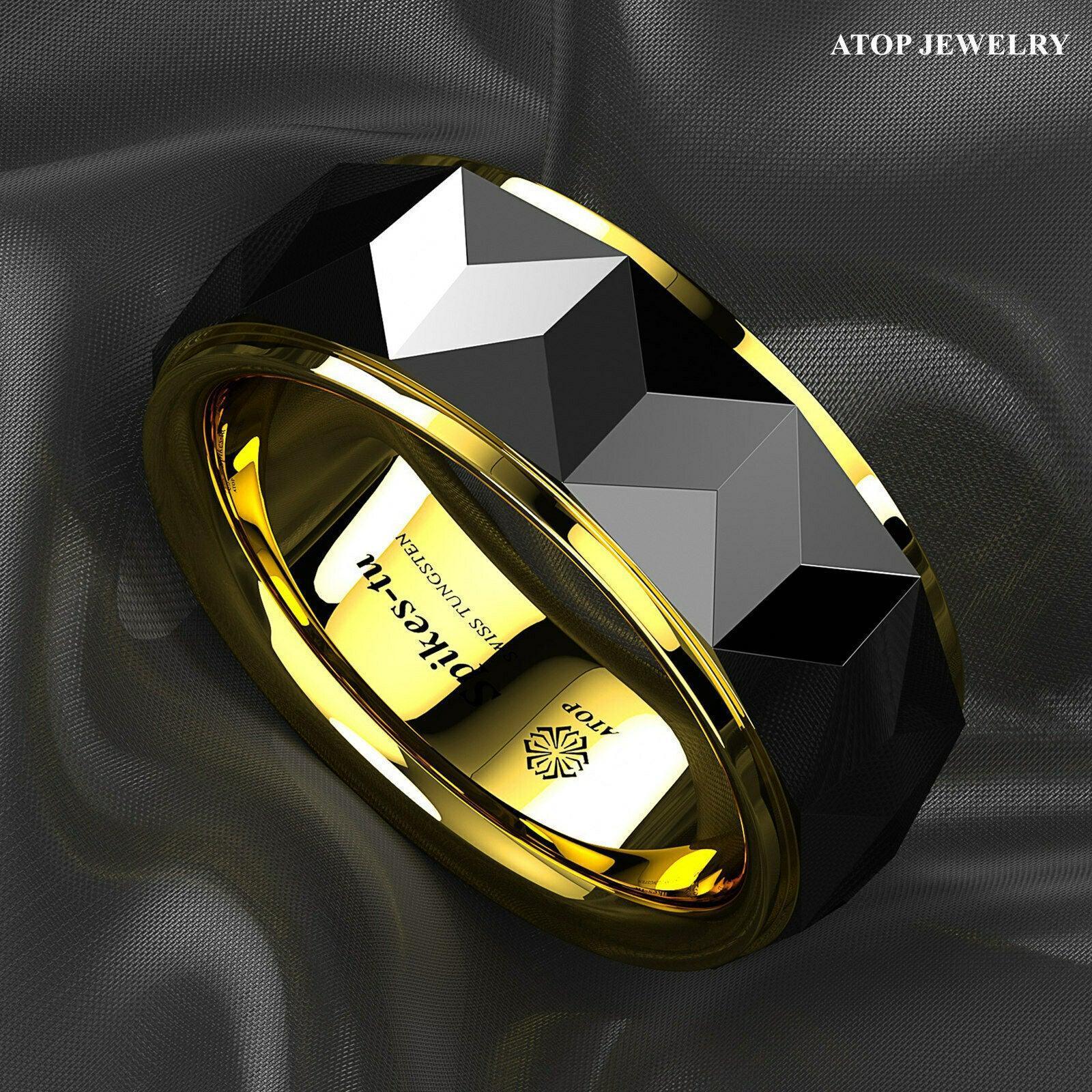 Tungsten Rings for Men Wedding Bands for Him Womens Wedding Bands for Her 8mm Black Gold Diamond Polished - Jewelry Store by Erik Rayo