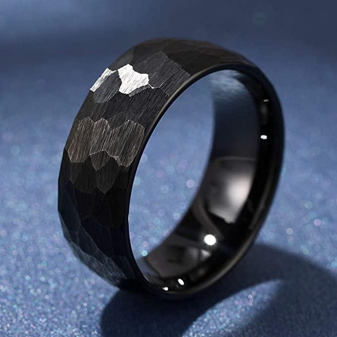 Tungsten Rings for Men Wedding Bands for Him Womens Wedding Bands for Her 8mm Black Hammered Handmade - Jewelry Store by Erik Rayo