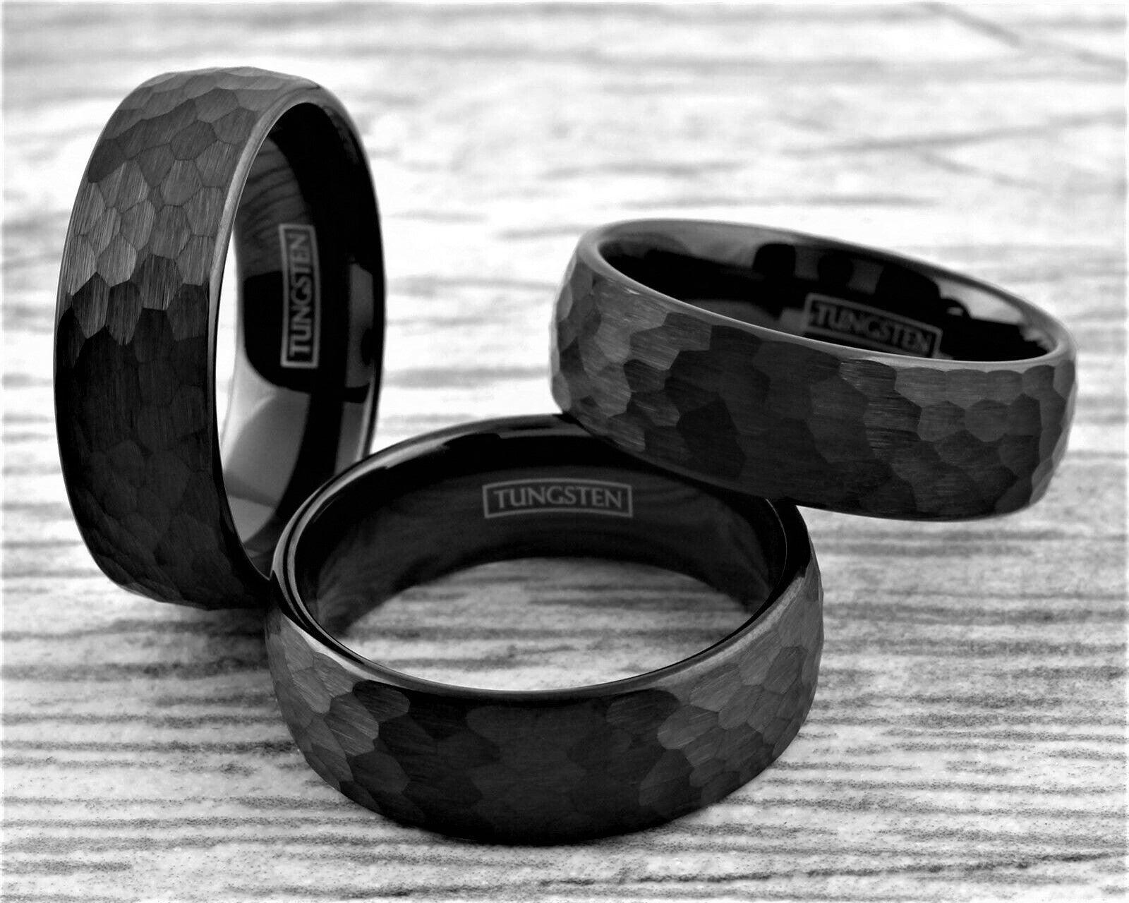 Tungsten Rings for Men Wedding Bands for Him Womens Wedding Bands for Her 8mm Black Hammered Handmade - Jewelry Store by Erik Rayo