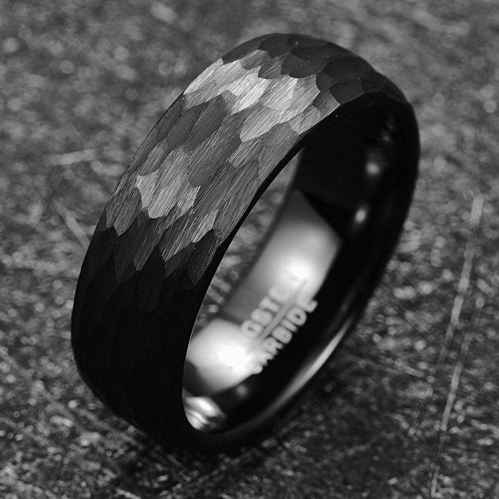 Tungsten Rings for Men Wedding Bands for Him Womens Wedding Bands for Her 8mm Black Hammered Handmade - Jewelry Store by Erik Rayo