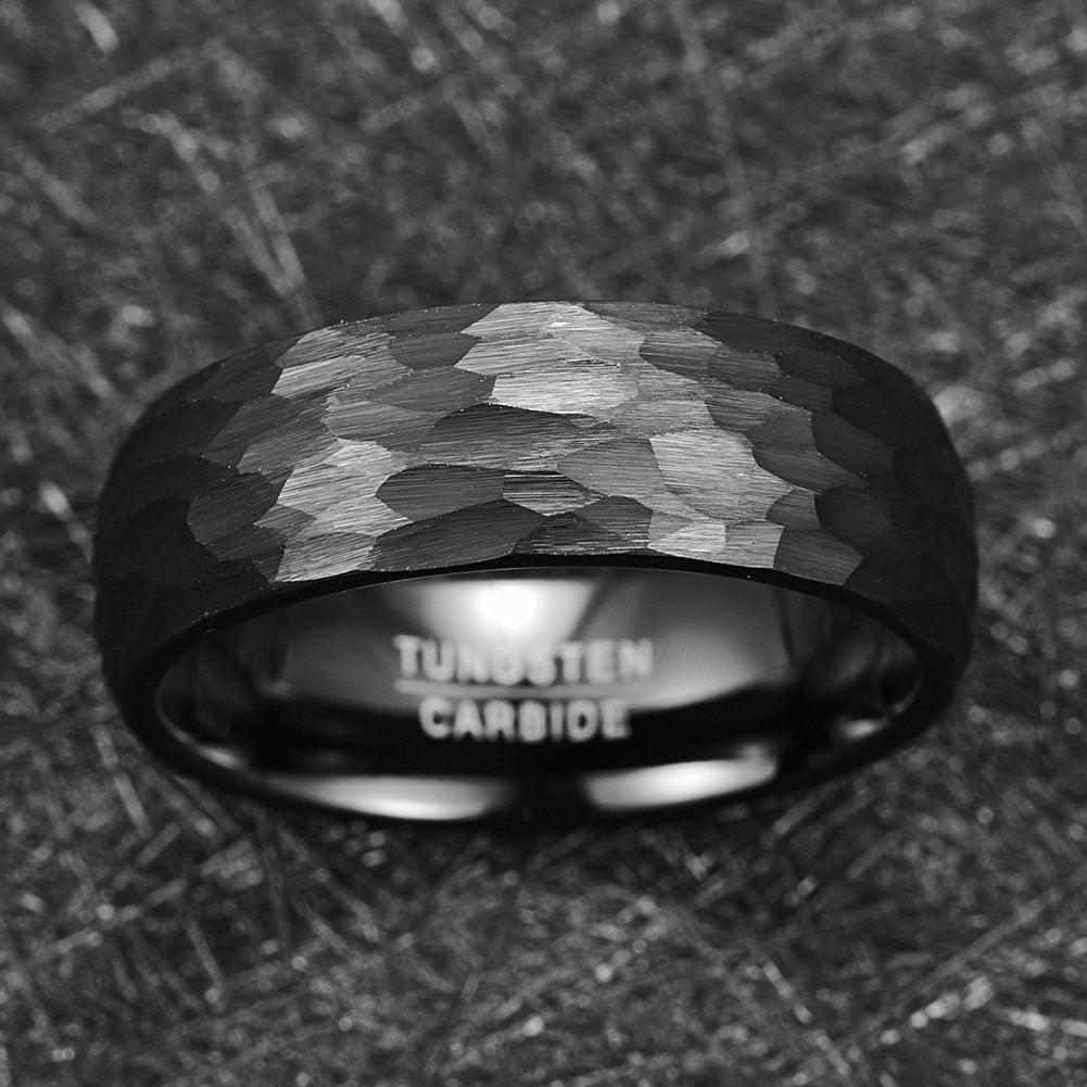 Tungsten Rings for Men Wedding Bands for Him Womens Wedding Bands for Her 8mm Black Hammered Handmade - Jewelry Store by Erik Rayo