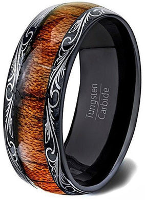 Men's Wedding Band Ring with Black Koa Wood Inlay and Dome Flower Design - Perfect for Weddings and Special Occasions