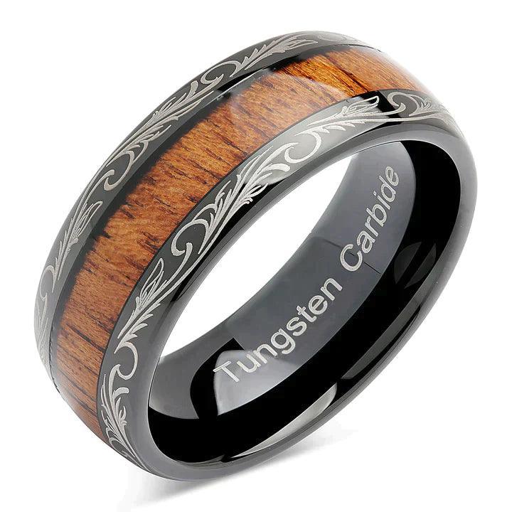 Tungsten Rings for Men Wedding Bands for Him Womens Wedding Bands for Her 8mm Black Koa Wood Inlay Dome Flower Design - Jewelry Store by Erik Rayo