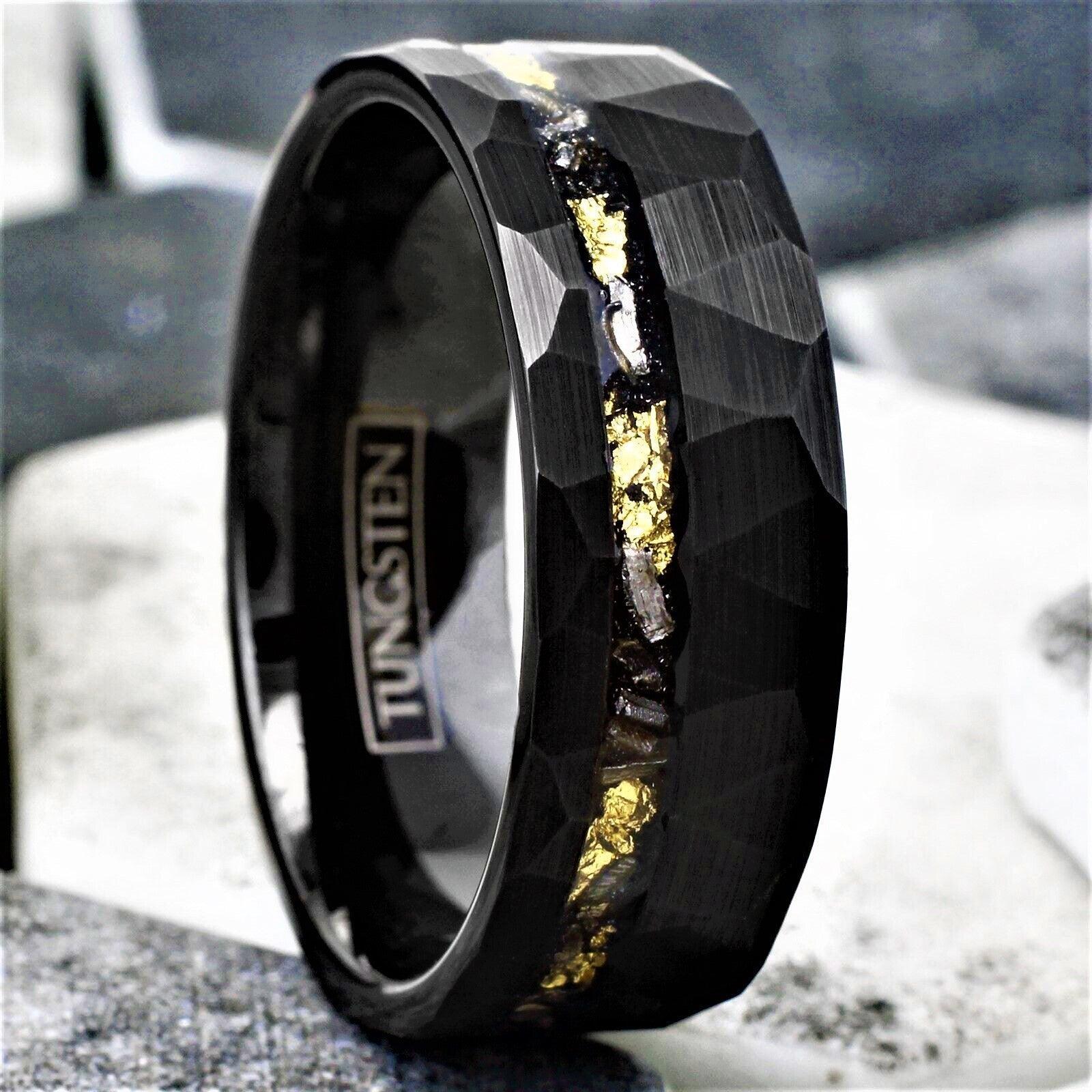 Tungsten Rings for Men Wedding Bands for Him Womens Wedding Bands for Her 8mm Black Meteorite with Gold Flakes - Jewelry Store by Erik Rayo