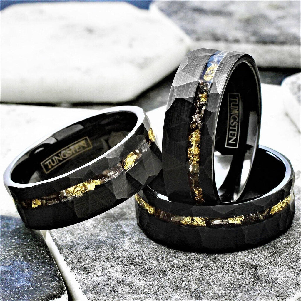 Tungsten Rings for Men Wedding Bands for Him Womens Wedding Bands for Her 8mm Black Meteorite with Gold Flakes - Jewelry Store by Erik Rayo