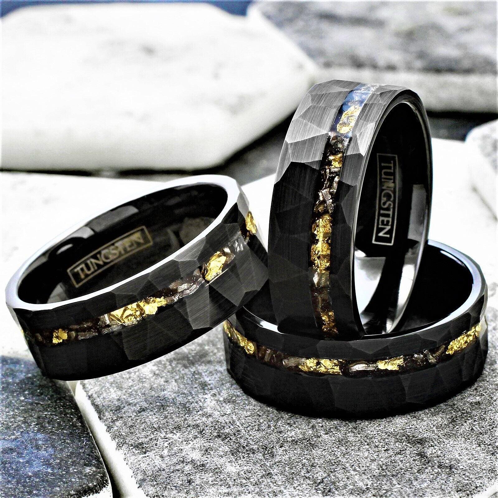 Tungsten Rings for Men Wedding Bands for Him Womens Wedding Bands for Her 8mm Black Meteorite with Gold Flakes - Jewelry Store by Erik Rayo