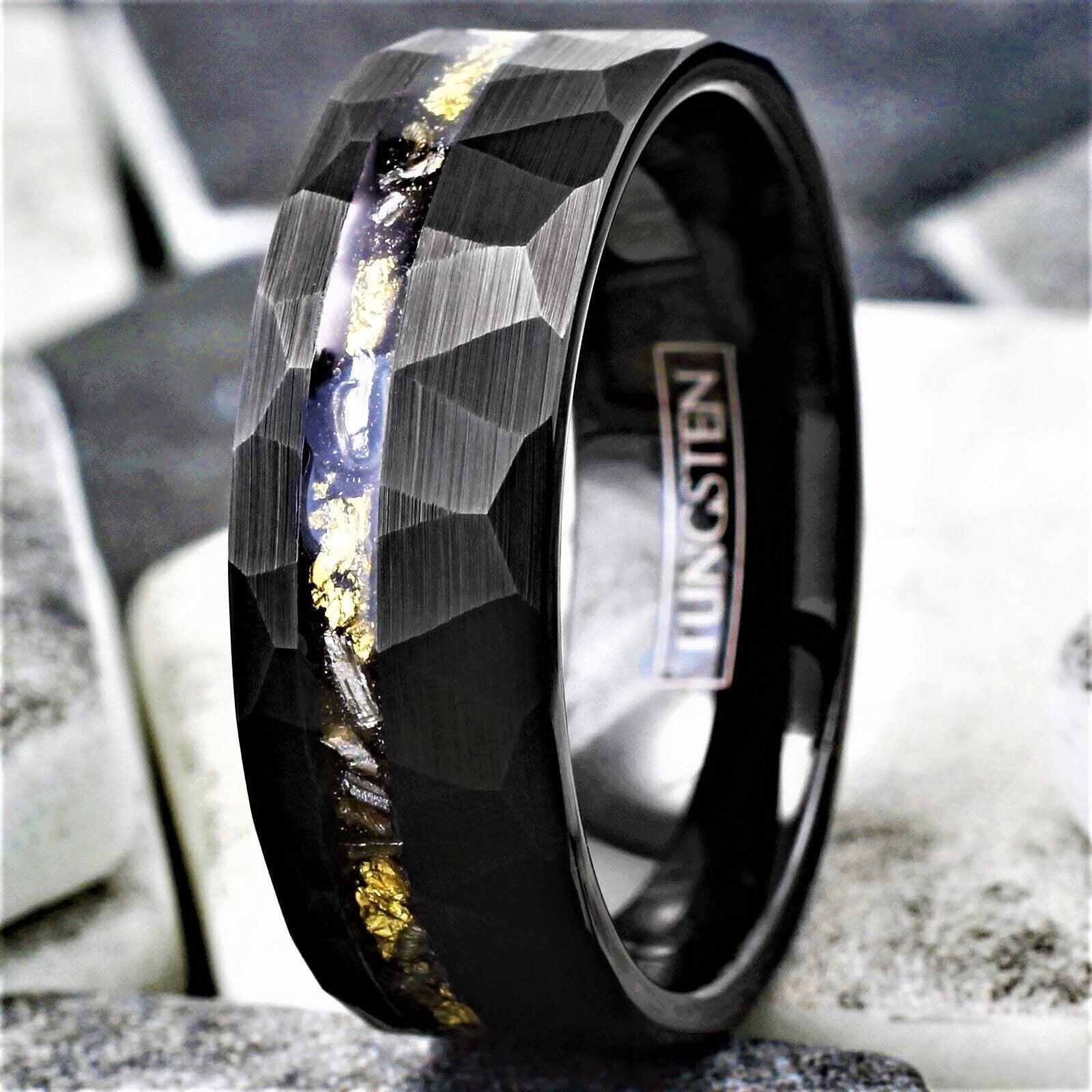 Tungsten Rings for Men Wedding Bands for Him Womens Wedding Bands for Her 8mm Black Meteorite with Gold Flakes - Jewelry Store by Erik Rayo