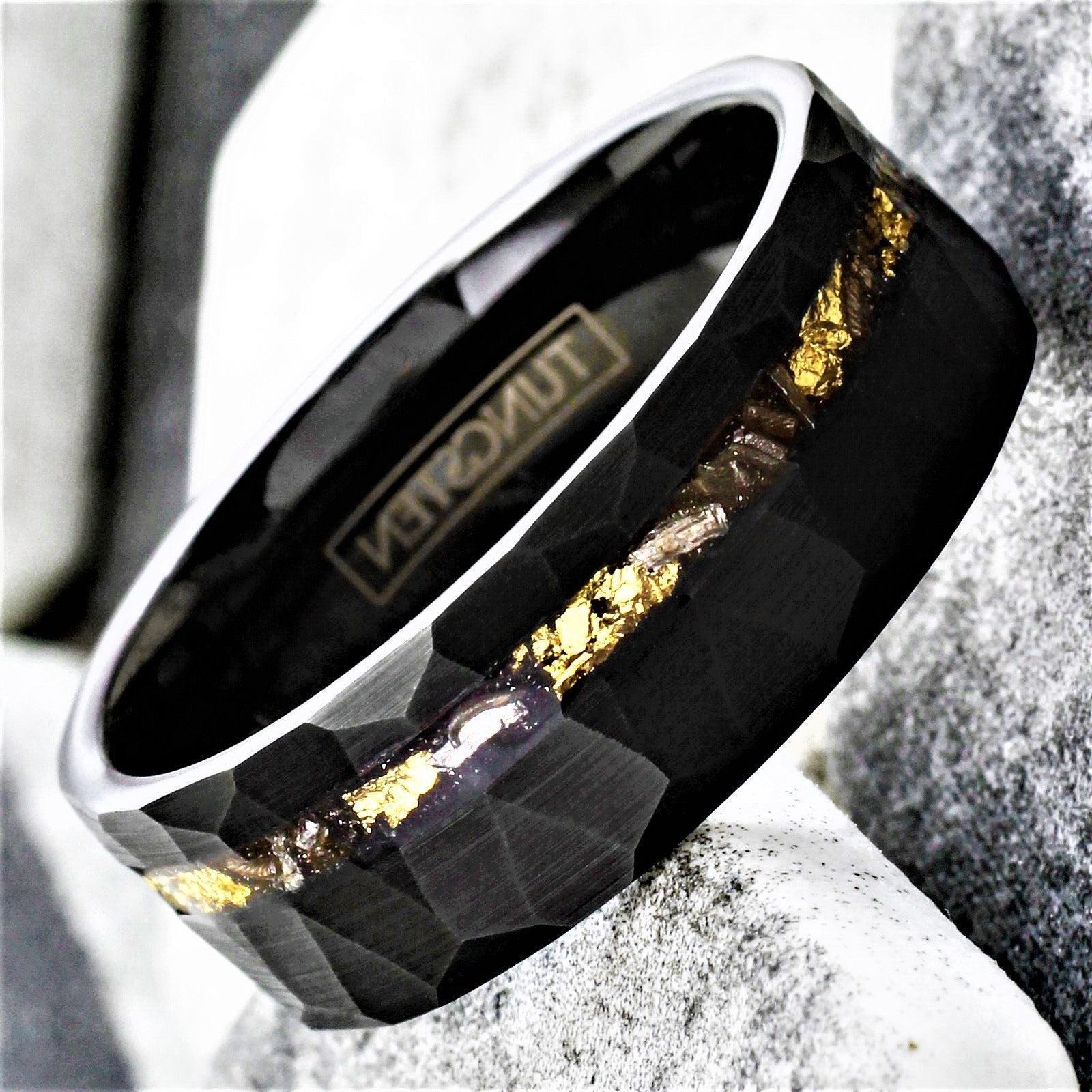 Tungsten Rings for Men Wedding Bands for Him Womens Wedding Bands for Her 8mm Black Meteorite with Gold Flakes - Jewelry Store by Erik Rayo