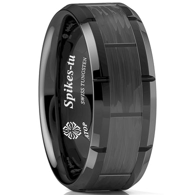 Men's Wedding Band Ring - Black Pattern Brushed - Wedding Rings for Men and Women