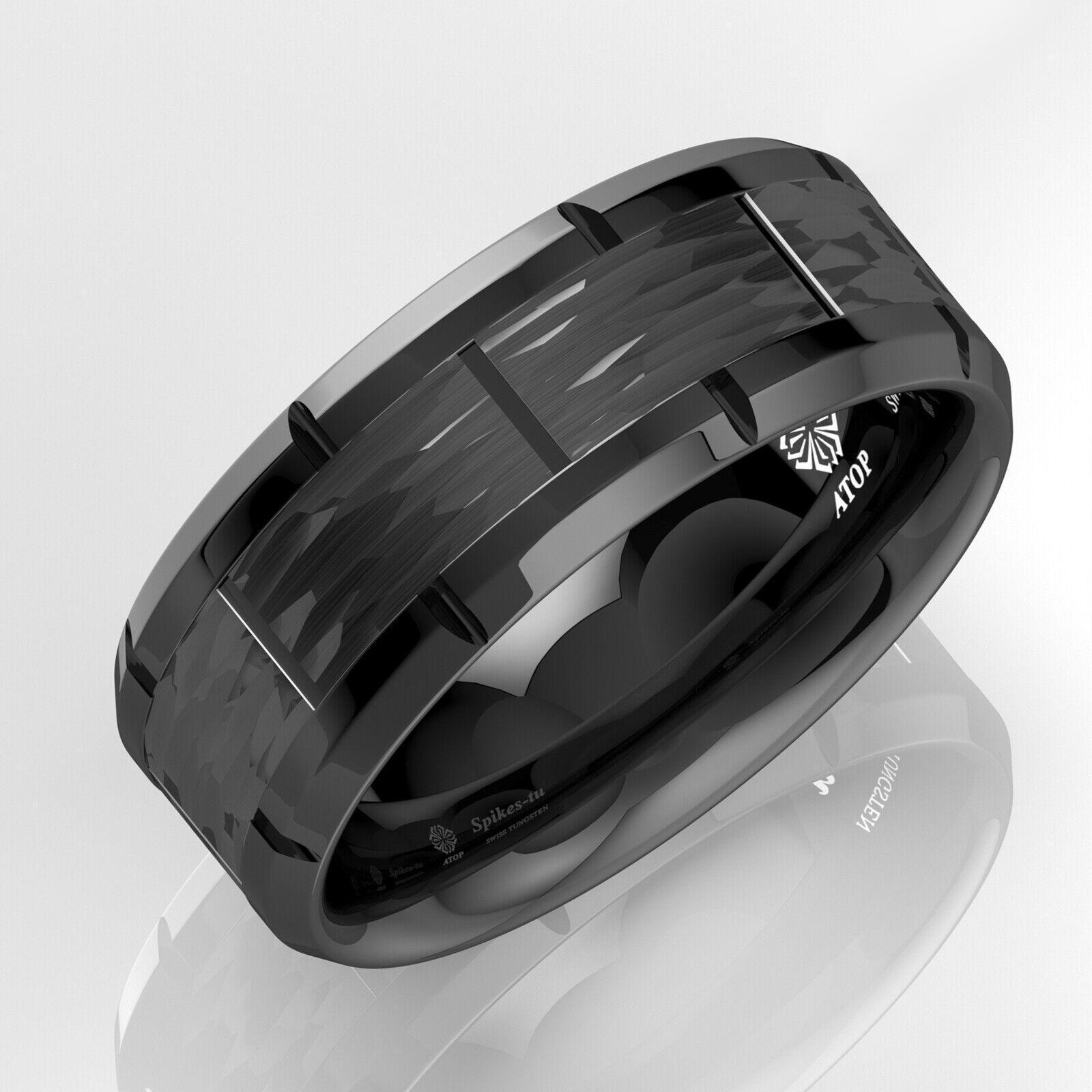 Tungsten Rings for Men Wedding Bands for Him Womens Wedding Bands for Her 8mm Black Pattern Brushed - Jewelry Store by Erik Rayo