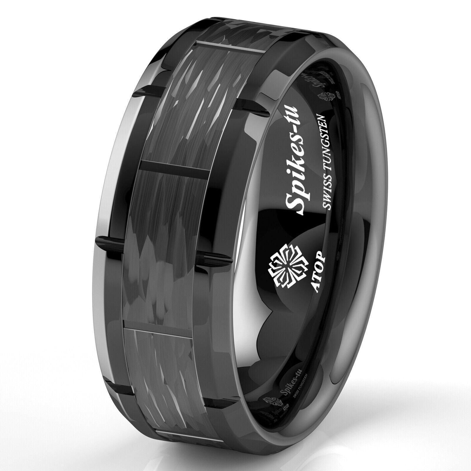 Tungsten Rings for Men Wedding Bands for Him Womens Wedding Bands for Her 8mm Black Pattern Brushed - Jewelry Store by Erik Rayo
