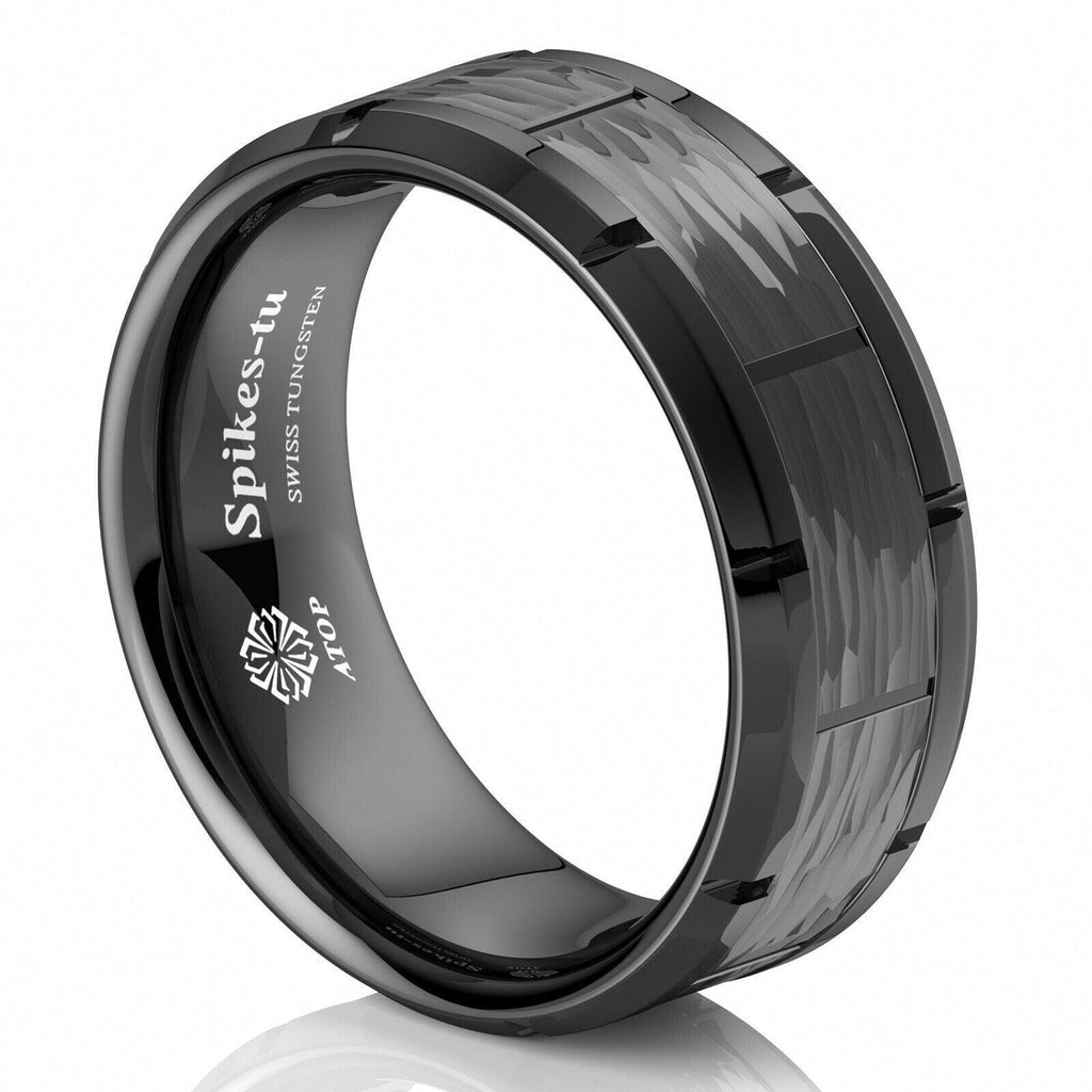 Tungsten Rings for Men Wedding Bands for Him Womens Wedding Bands for Her 8mm Black Pattern Brushed - Jewelry Store by Erik Rayo