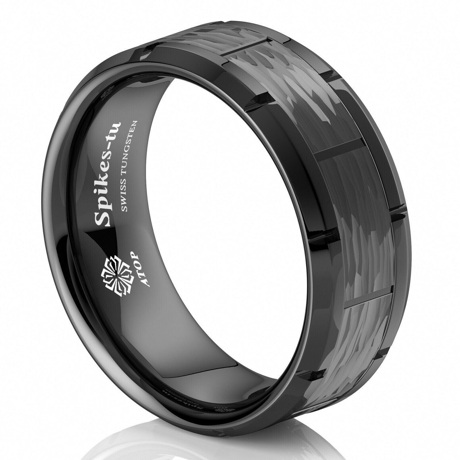 Tungsten Rings for Men Wedding Bands for Him Womens Wedding Bands for Her 8mm Black Pattern Brushed - Jewelry Store by Erik Rayo