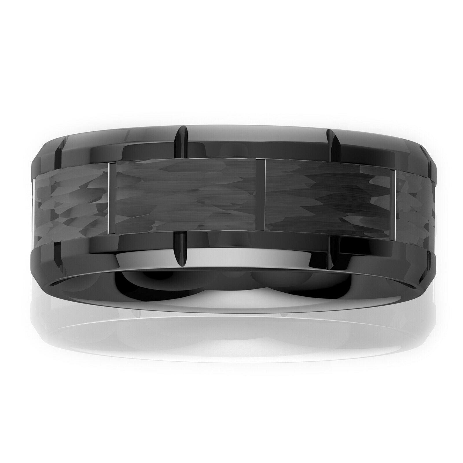 Tungsten Rings for Men Wedding Bands for Him Womens Wedding Bands for Her 8mm Black Pattern Brushed - Jewelry Store by Erik Rayo