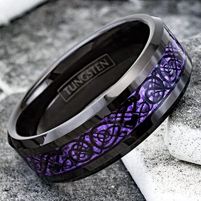 Tungsten Rings for Men Wedding Bands for Him Womens Wedding Bands for Her 8mm Black Purple Carbon Fiber Wedding Band - Jewelry Store by Erik Rayo