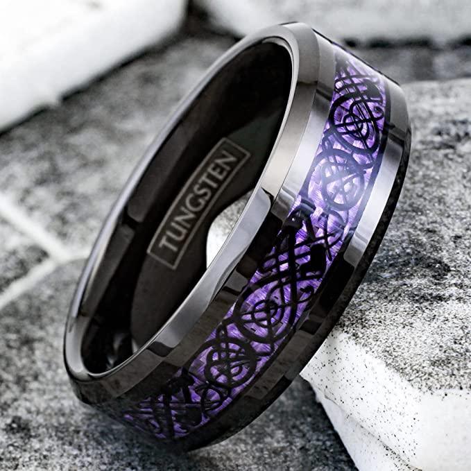 Tungsten Rings for Men Wedding Bands for Him Womens Wedding Bands for Her 8mm Black Purple Carbon Fiber Wedding Band - Jewelry Store by Erik Rayo