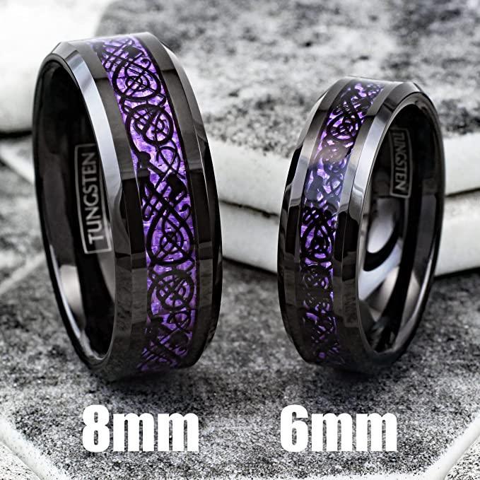 Tungsten Rings for Men Wedding Bands for Him Womens Wedding Bands for Her 8mm Black Purple Carbon Fiber Wedding Band - Jewelry Store by Erik Rayo