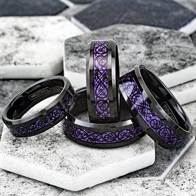 Tungsten Rings for Men Wedding Bands for Him Womens Wedding Bands for Her 8mm Black Purple Carbon Fiber Wedding Band - Jewelry Store by Erik Rayo