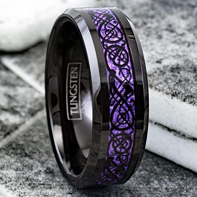 Tungsten Rings for Men Wedding Bands for Him Womens Wedding Bands for Her 8mm Black Purple Carbon Fiber Wedding Band - Jewelry Store by Erik Rayo