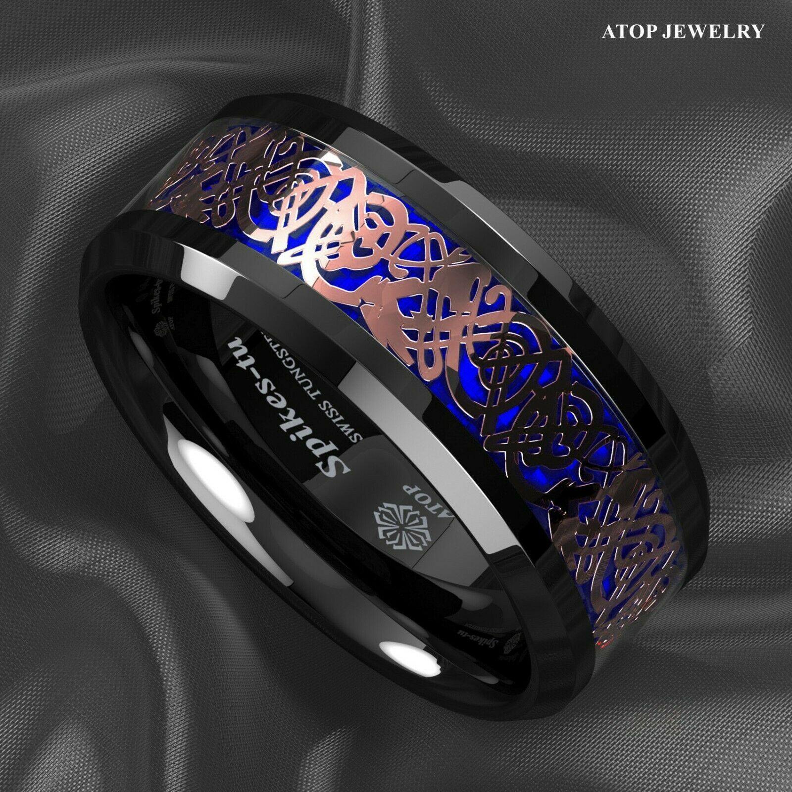 Tungsten Rings for Men Wedding Bands for Him Womens Wedding Bands for Her 8mm Black Rose Gold Celtic Dragon Attractive - Jewelry Store by Erik Rayo