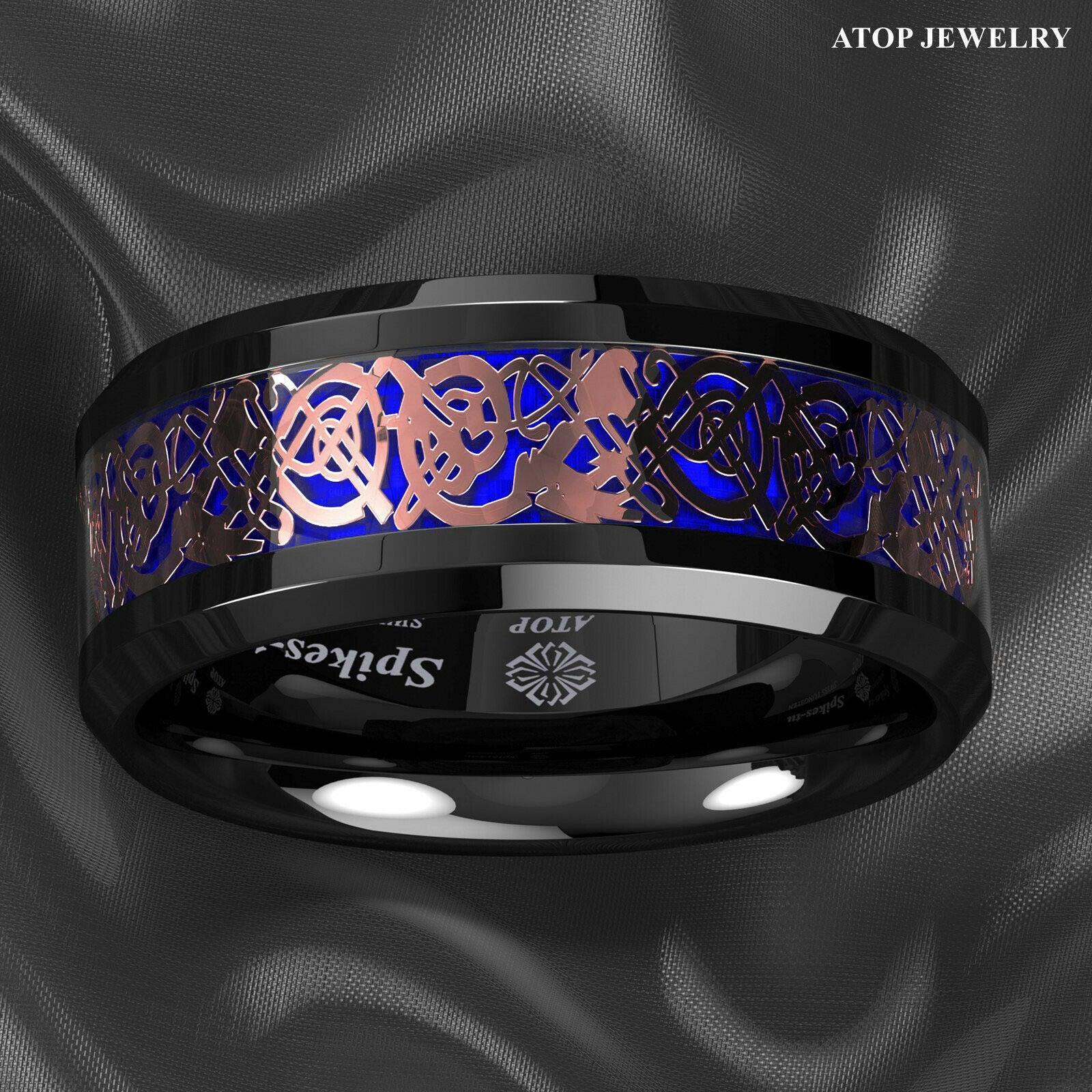 Tungsten Rings for Men Wedding Bands for Him Womens Wedding Bands for Her 8mm Black Rose Gold Celtic Dragon Attractive - Jewelry Store by Erik Rayo