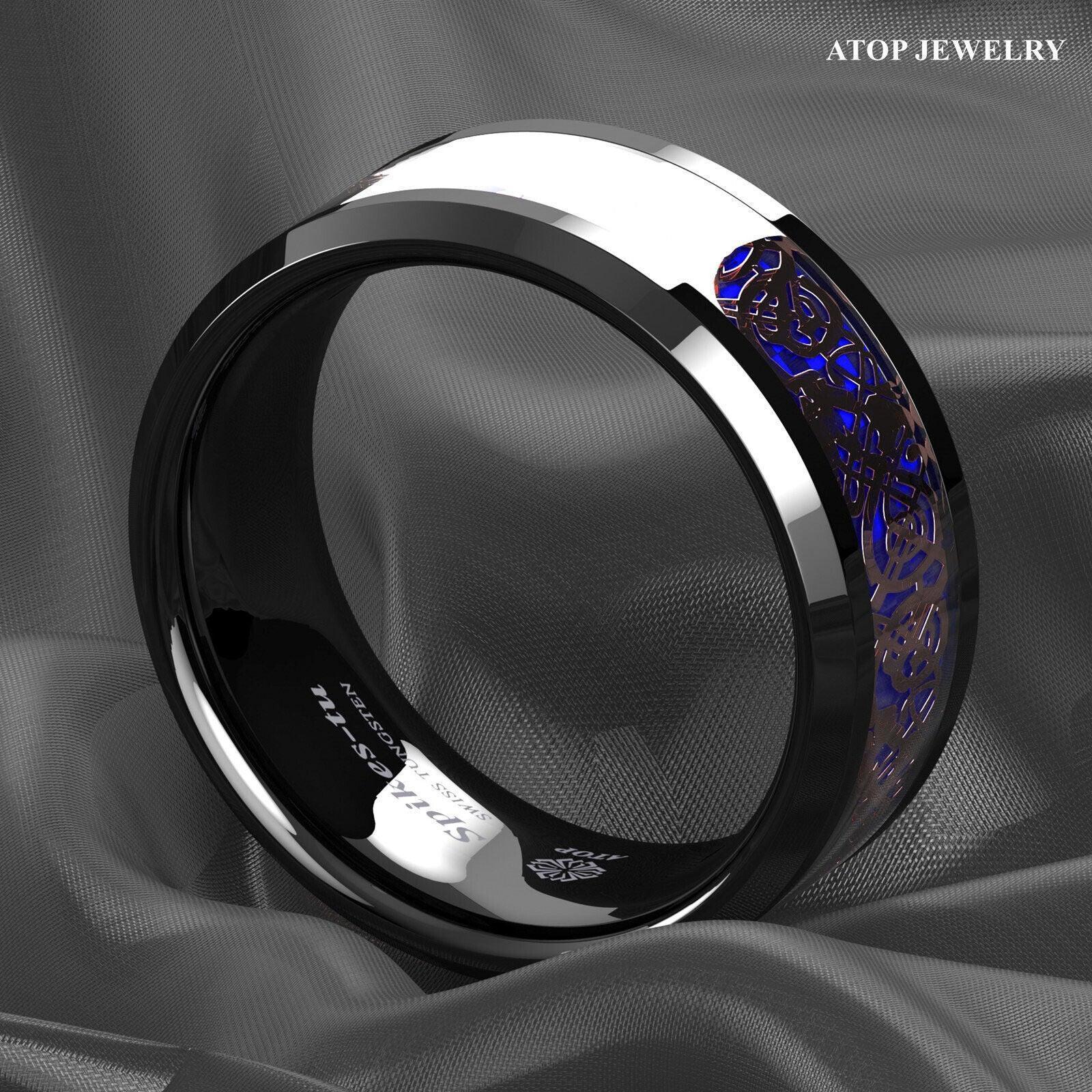 Tungsten Rings for Men Wedding Bands for Him Womens Wedding Bands for Her 8mm Black Rose Gold Celtic Dragon Attractive - Jewelry Store by Erik Rayo