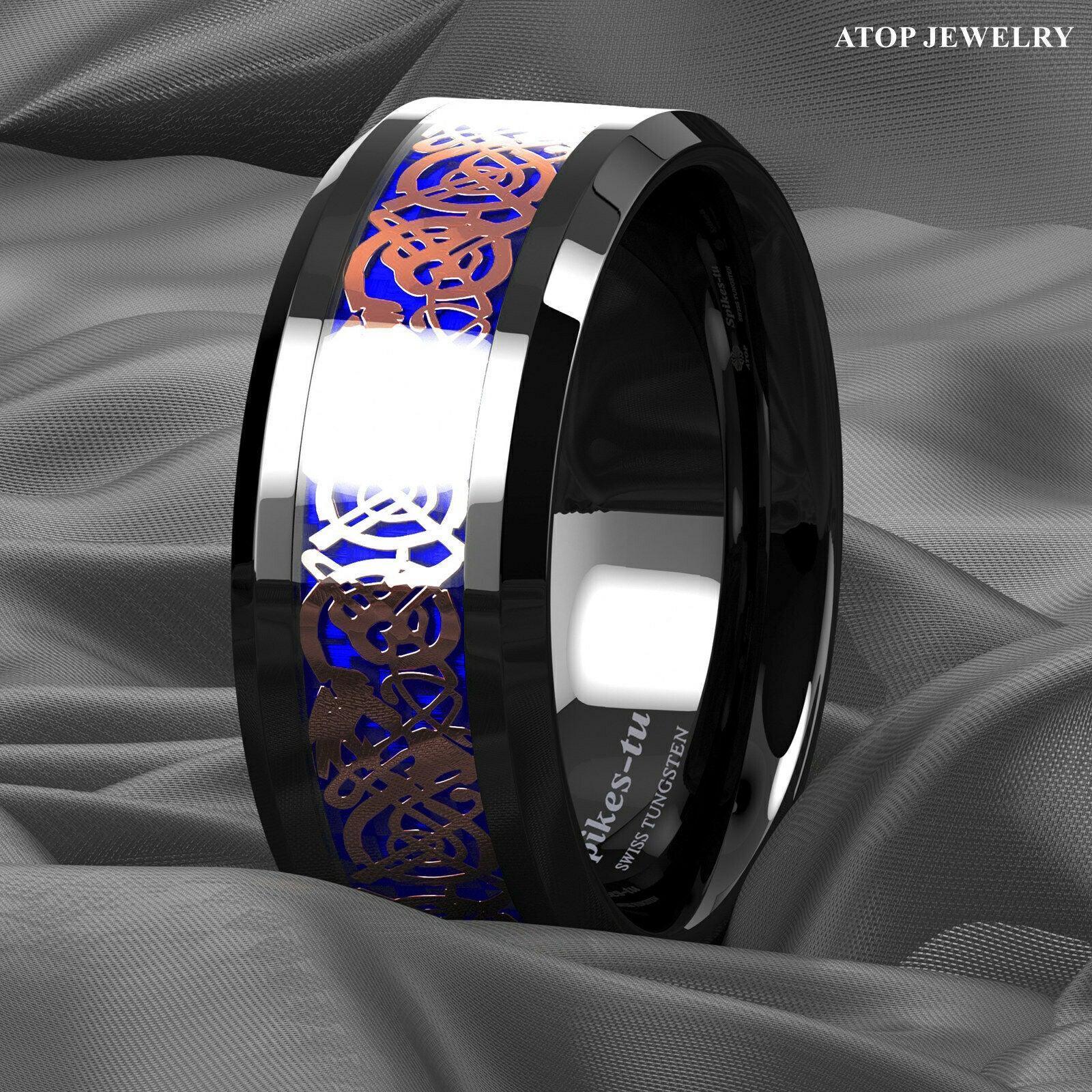 Tungsten Rings for Men Wedding Bands for Him Womens Wedding Bands for Her 8mm Black Rose Gold Celtic Dragon Attractive - Jewelry Store by Erik Rayo