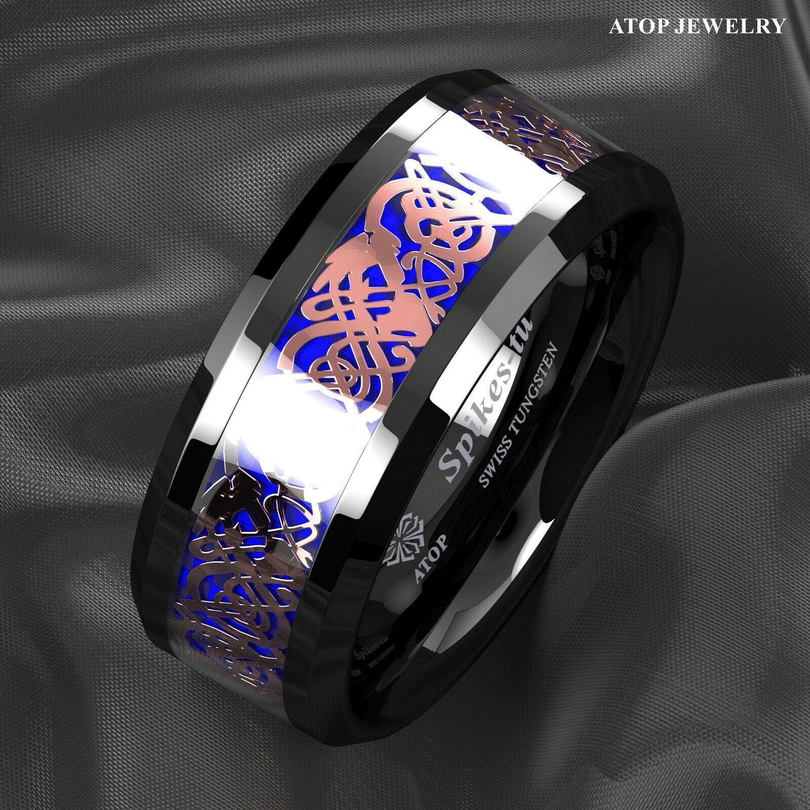 Tungsten Rings for Men Wedding Bands for Him Womens Wedding Bands for Her 8mm Black Rose Gold Celtic Dragon Attractive - Jewelry Store by Erik Rayo