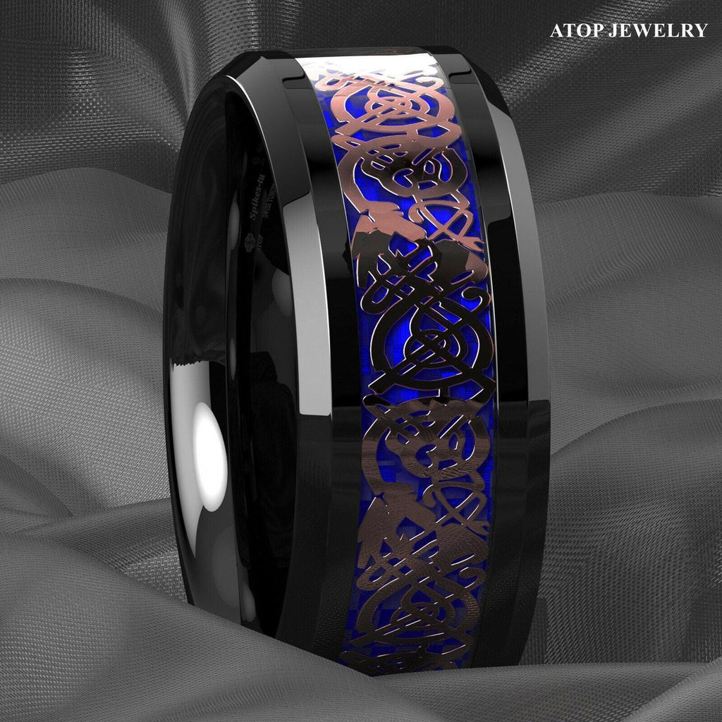 Tungsten Rings for Men Wedding Bands for Him Womens Wedding Bands for Her 8mm Black Rose Gold Celtic Dragon Attractive - Jewelry Store by Erik Rayo