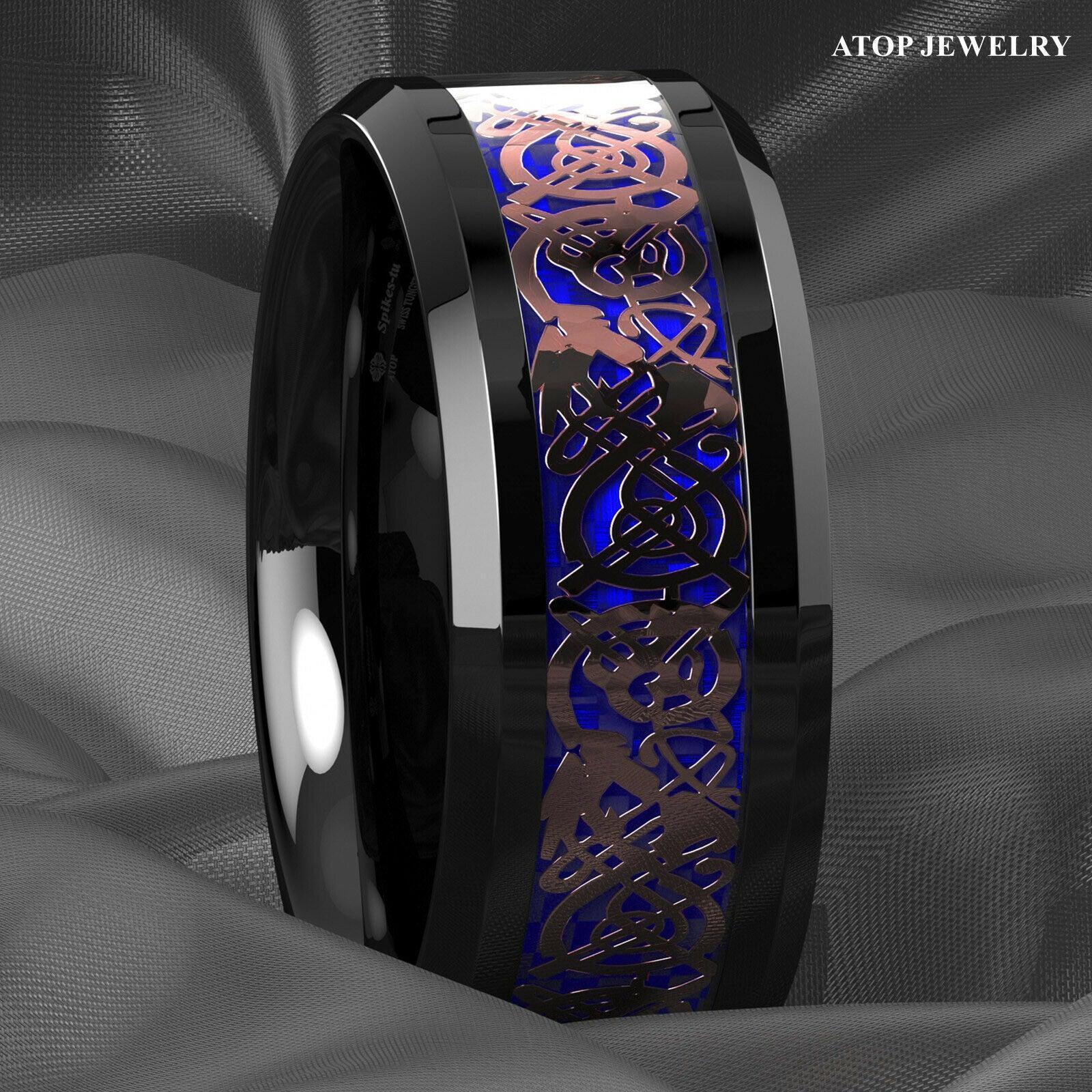 Tungsten Rings for Men Wedding Bands for Him Womens Wedding Bands for Her 8mm Black Rose Gold Celtic Dragon Attractive - Jewelry Store by Erik Rayo