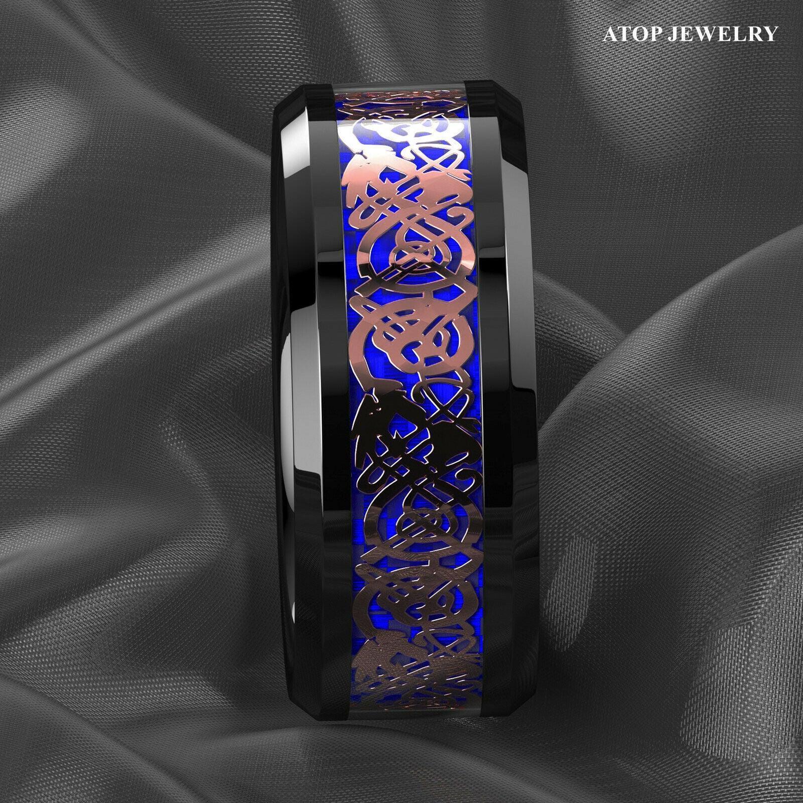 Tungsten Rings for Men Wedding Bands for Him Womens Wedding Bands for Her 8mm Black Rose Gold Celtic Dragon Attractive - Jewelry Store by Erik Rayo