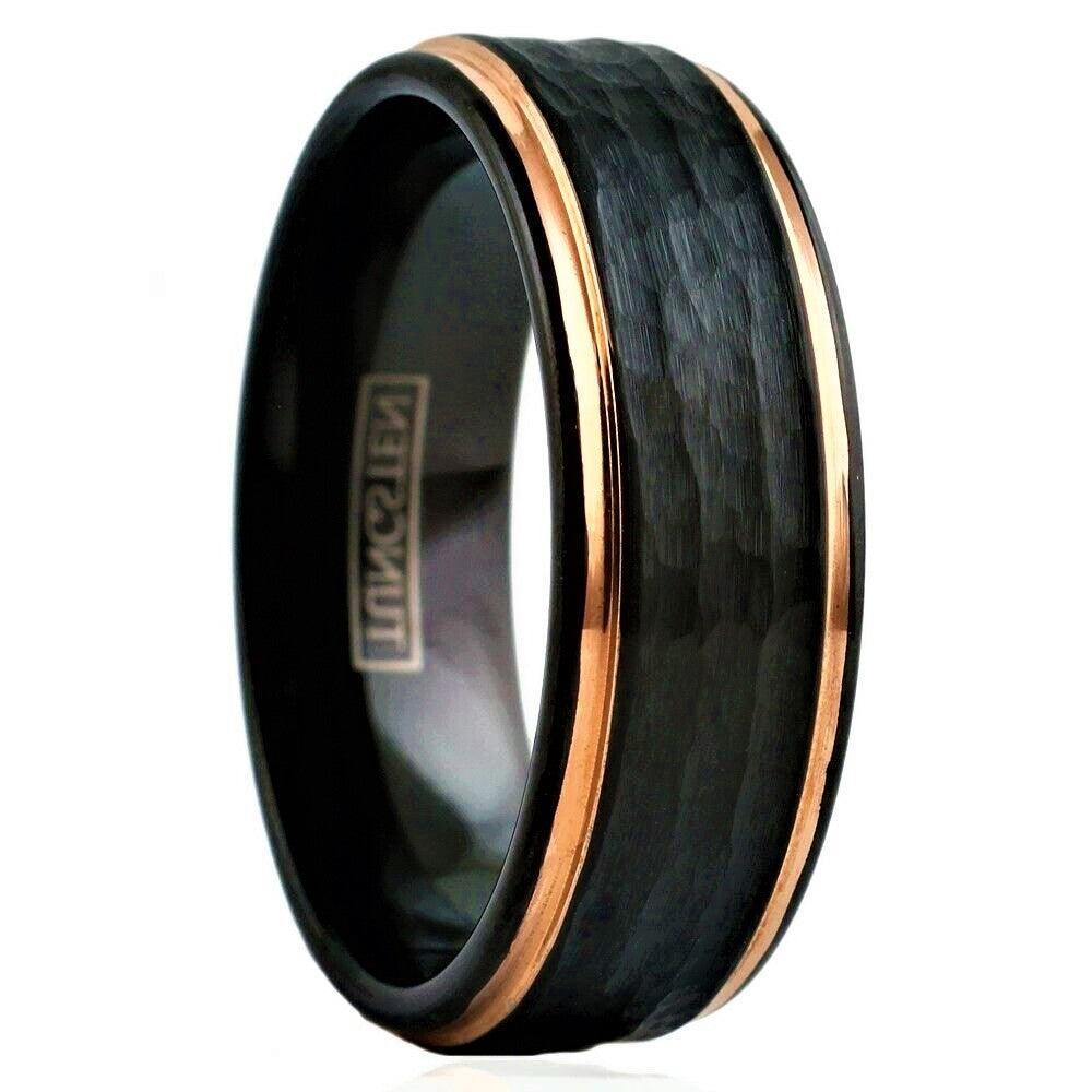 Men's Wedding Band Rings - Black Rose Gold Hammered - Wedding Rings for Men and Women - Jewelry Store by Erik Rayo