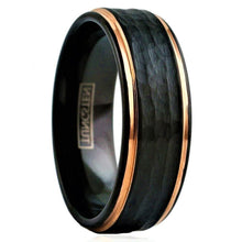 Load image into Gallery viewer, Men&#39;s Wedding Band Rings - Black Rose Gold Hammered - Wedding Rings for Men and Women
