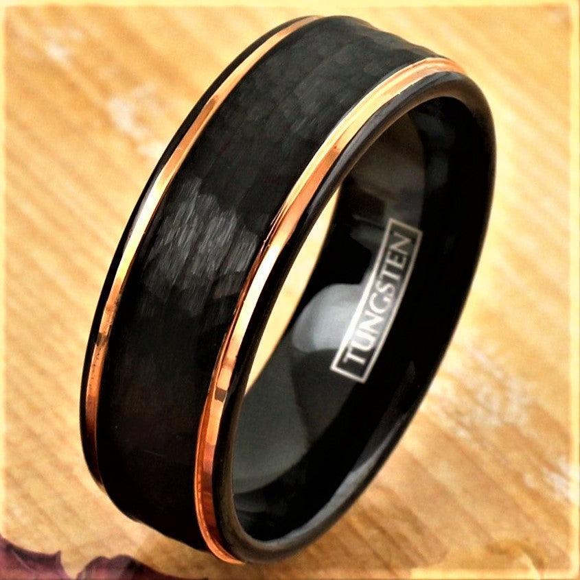 Men's Wedding Band Rings - Black Rose Gold Hammered - Wedding Rings for Men and Women - Jewelry Store by Erik Rayo