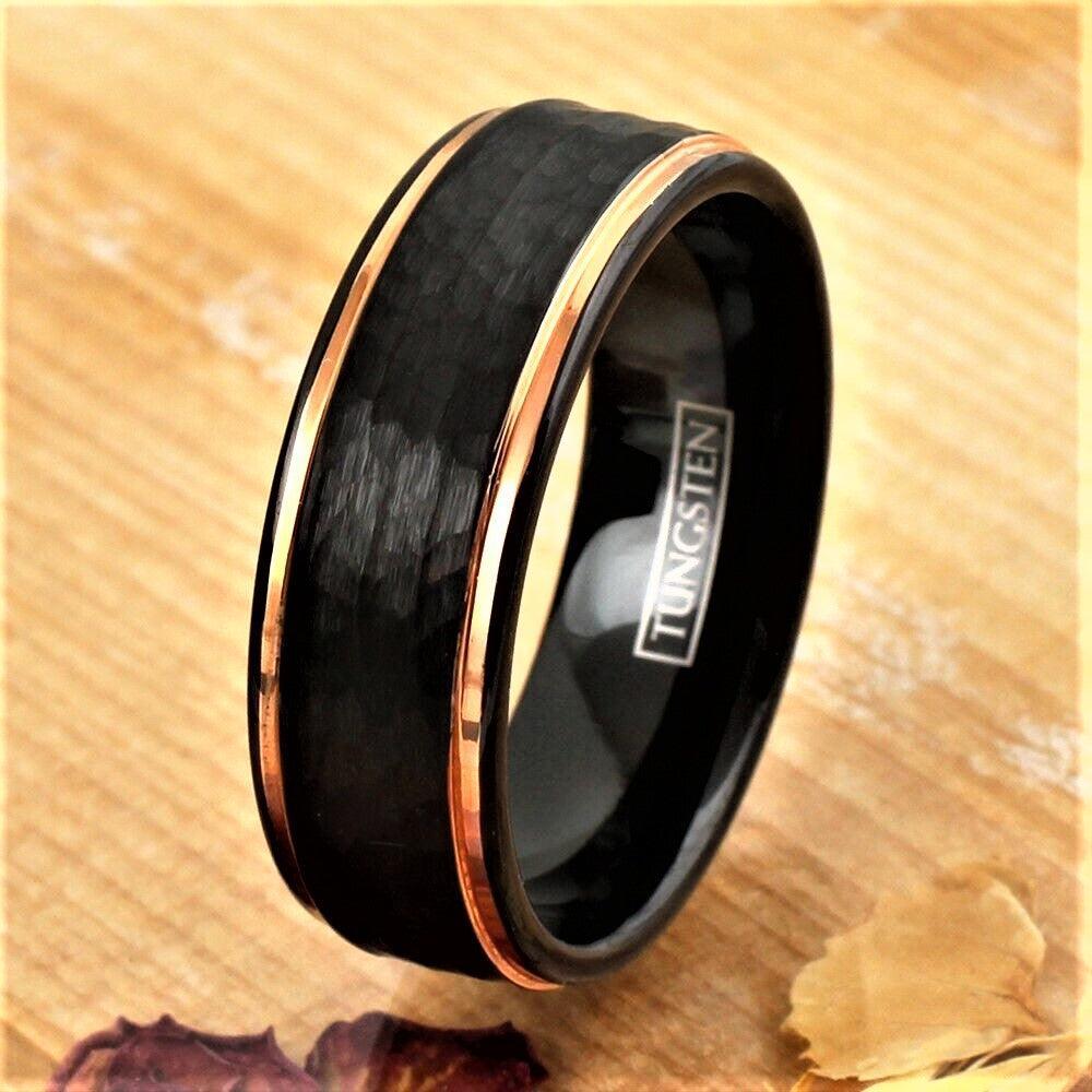 Men's Wedding Band Rings - Black Rose Gold Hammered - Wedding Rings for Men and Women - Jewelry Store by Erik Rayo