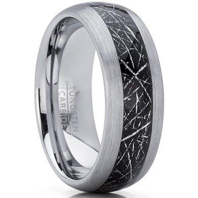 Men's Wedding Band Rings - Black Silver Meteorite Inlay - Wedding Rings for Men and Women