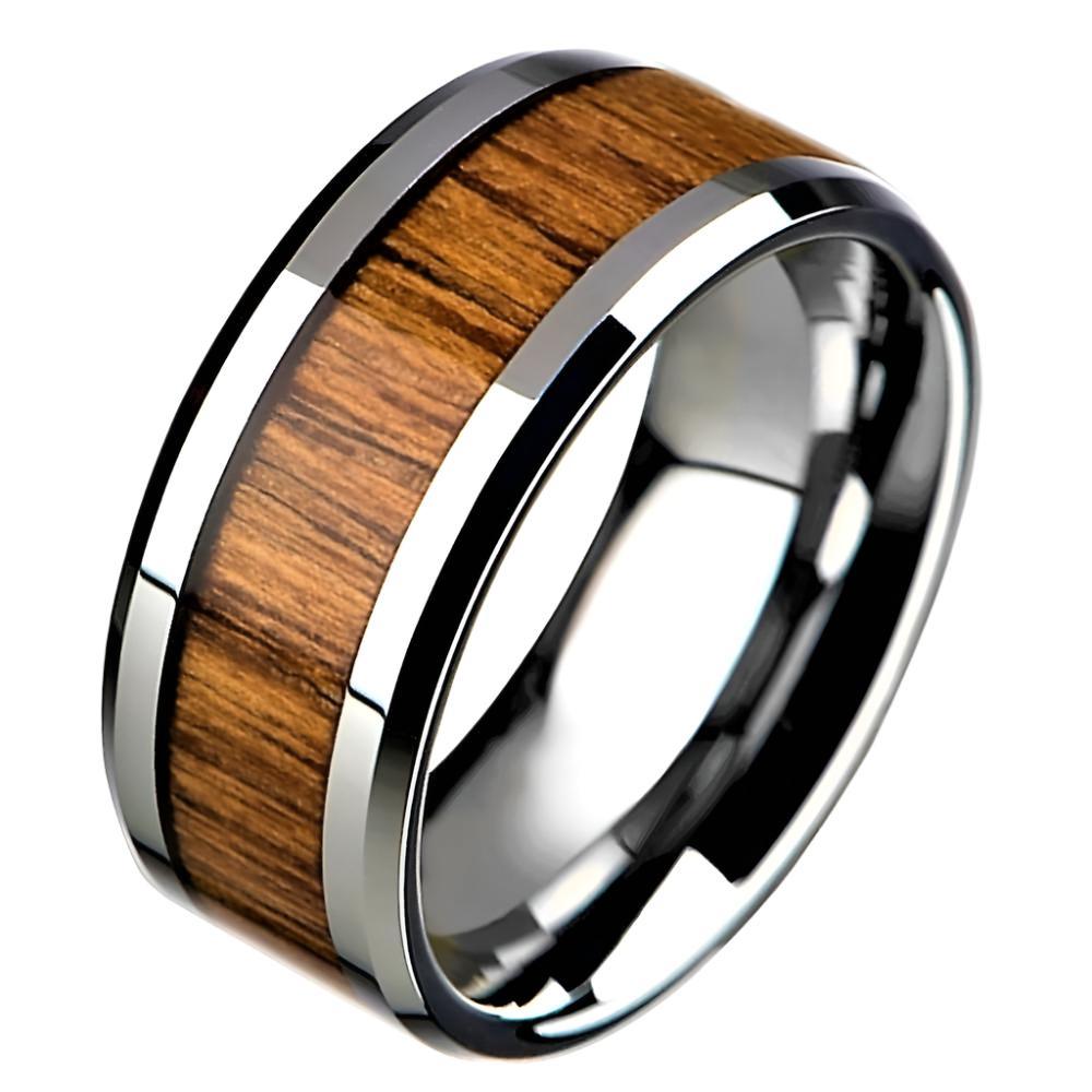 Tungsten Rings for Men Wedding Bands for Him Womens Wedding Bands for Her 8mm Koa Wood Inlay Beveled Edge - Jewelry Store by Erik Rayo