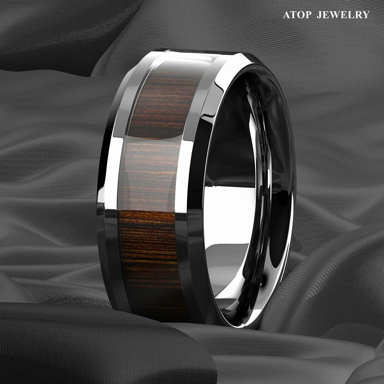 Tungsten Rings for Men Wedding Bands for Him Womens Wedding Bands for Her 8mm Koa Wood Inlay Beveled Edge - Jewelry Store by Erik Rayo