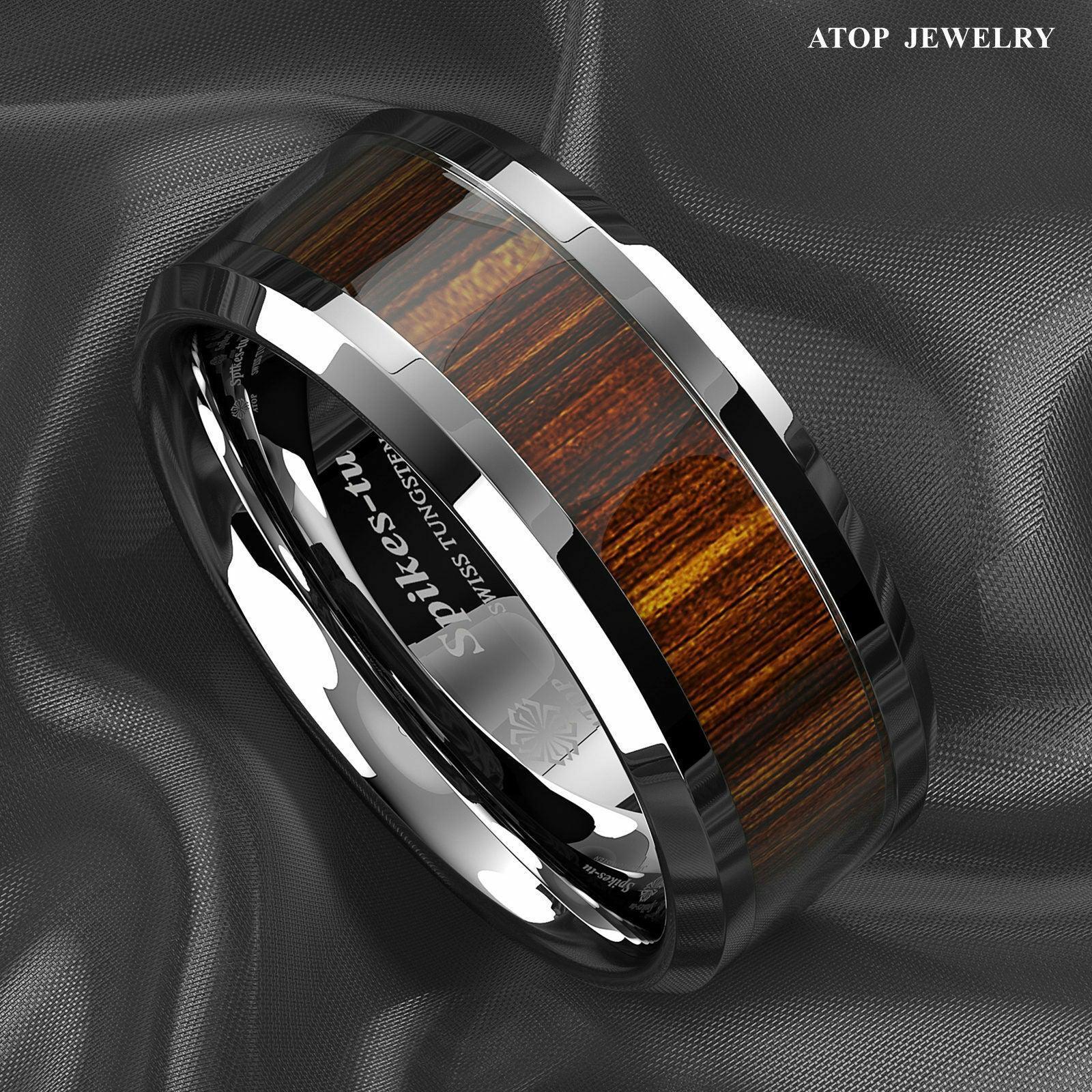 Tungsten Rings for Men Wedding Bands for Him Womens Wedding Bands for Her 8mm Koa Wood Inlay Beveled Edge - Jewelry Store by Erik Rayo