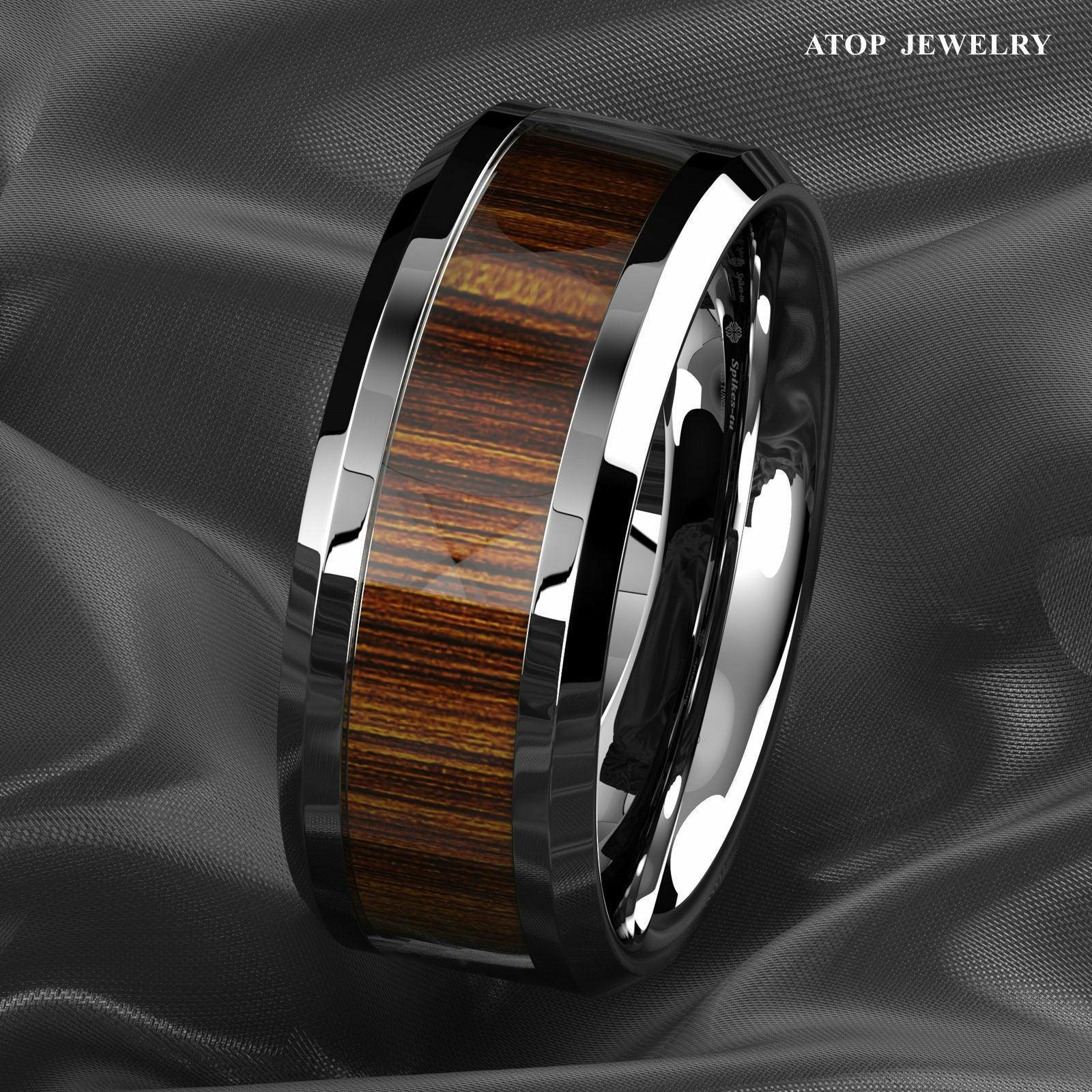 Tungsten Rings for Men Wedding Bands for Him Womens Wedding Bands for Her 8mm Koa Wood Inlay Beveled Edge - Jewelry Store by Erik Rayo
