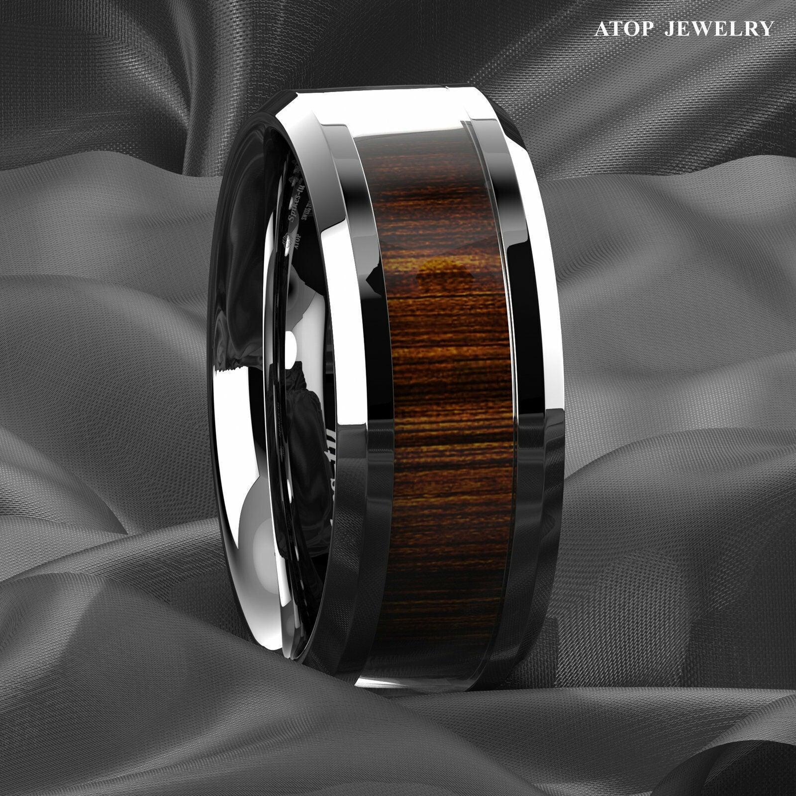 Tungsten Rings for Men Wedding Bands for Him Womens Wedding Bands for Her 8mm Koa Wood Inlay Beveled Edge - Jewelry Store by Erik Rayo