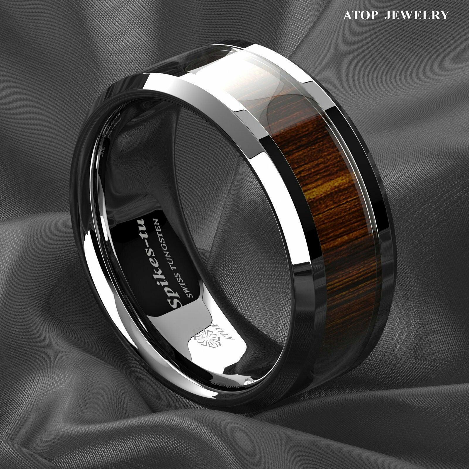 Tungsten Rings for Men Wedding Bands for Him Womens Wedding Bands for Her 8mm Koa Wood Inlay Beveled Edge - Jewelry Store by Erik Rayo