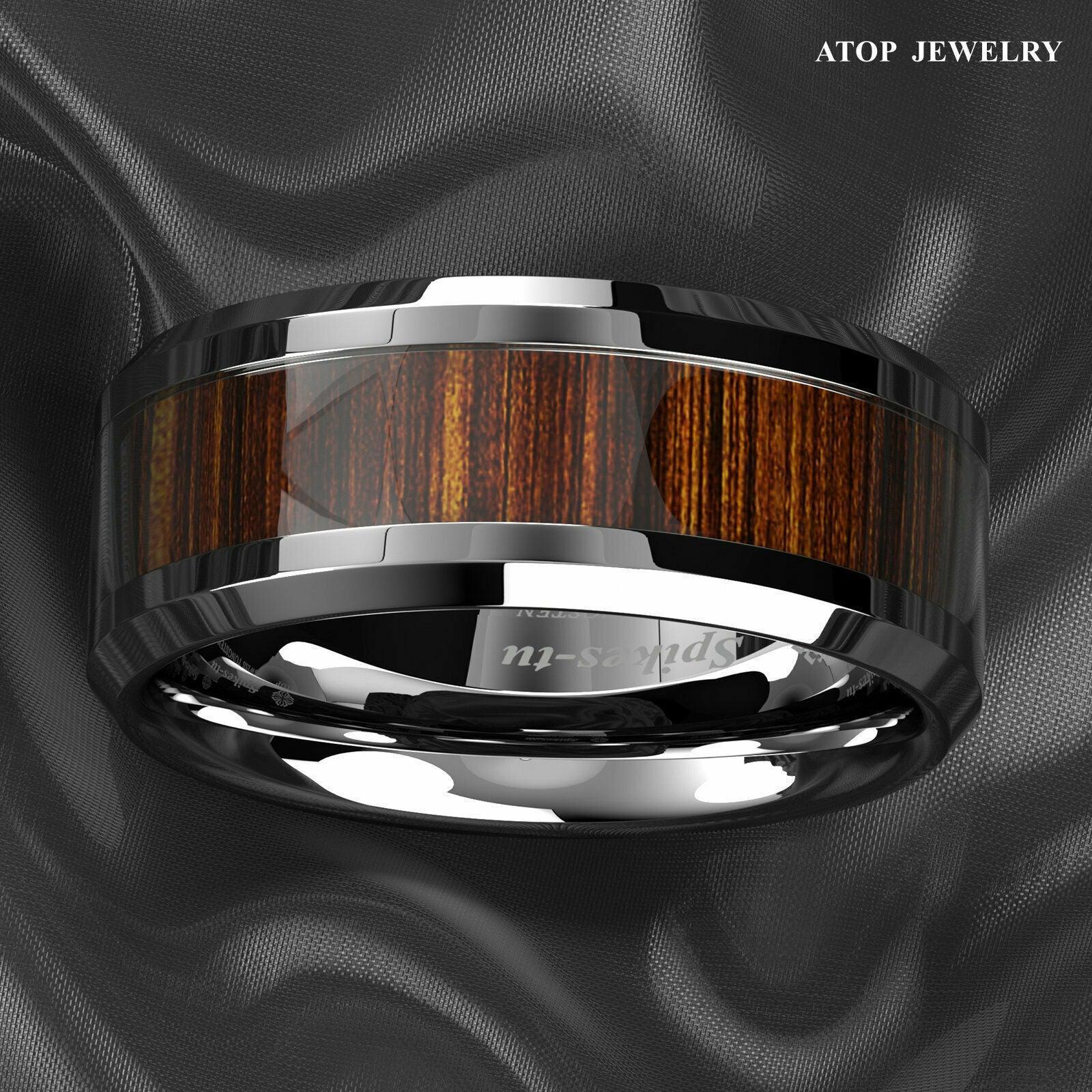 Tungsten Rings for Men Wedding Bands for Him Womens Wedding Bands for Her 8mm Koa Wood Inlay Beveled Edge - Jewelry Store by Erik Rayo