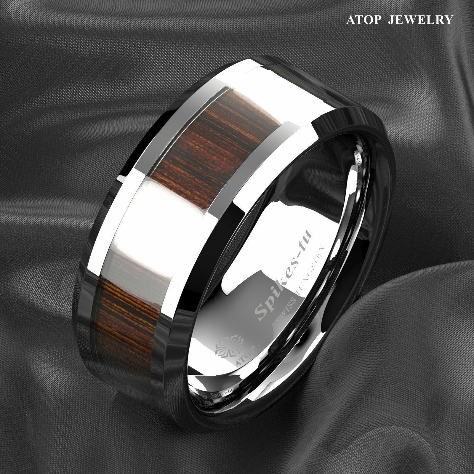 Tungsten Rings for Men Wedding Bands for Him Womens Wedding Bands for Her 8mm Koa Wood Inlay Beveled Edge - Jewelry Store by Erik Rayo