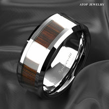 Load image into Gallery viewer, Tungsten Rings for Men Wedding Bands for Him Womens Wedding Bands for Her 8mm Black Wood Inlay Beveled Edge - Jewelry Store by Erik Rayo
