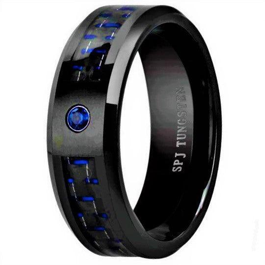 Men's Wedding Band Ring with Blue Carbon Fiber and Blue Diamond for Men and Women - Jewelry Store by Erik Rayo
