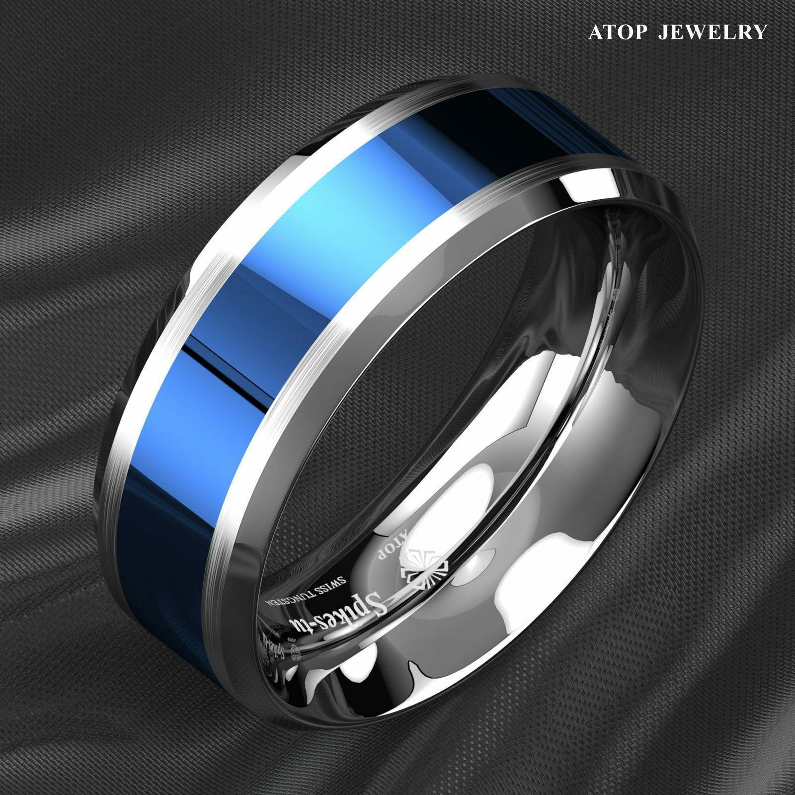 Tungsten Rings for Men Wedding Bands for Him Womens Wedding Bands for Her 8mm Blue Center Silver Brushed Edge - Jewelry Store by Erik Rayo