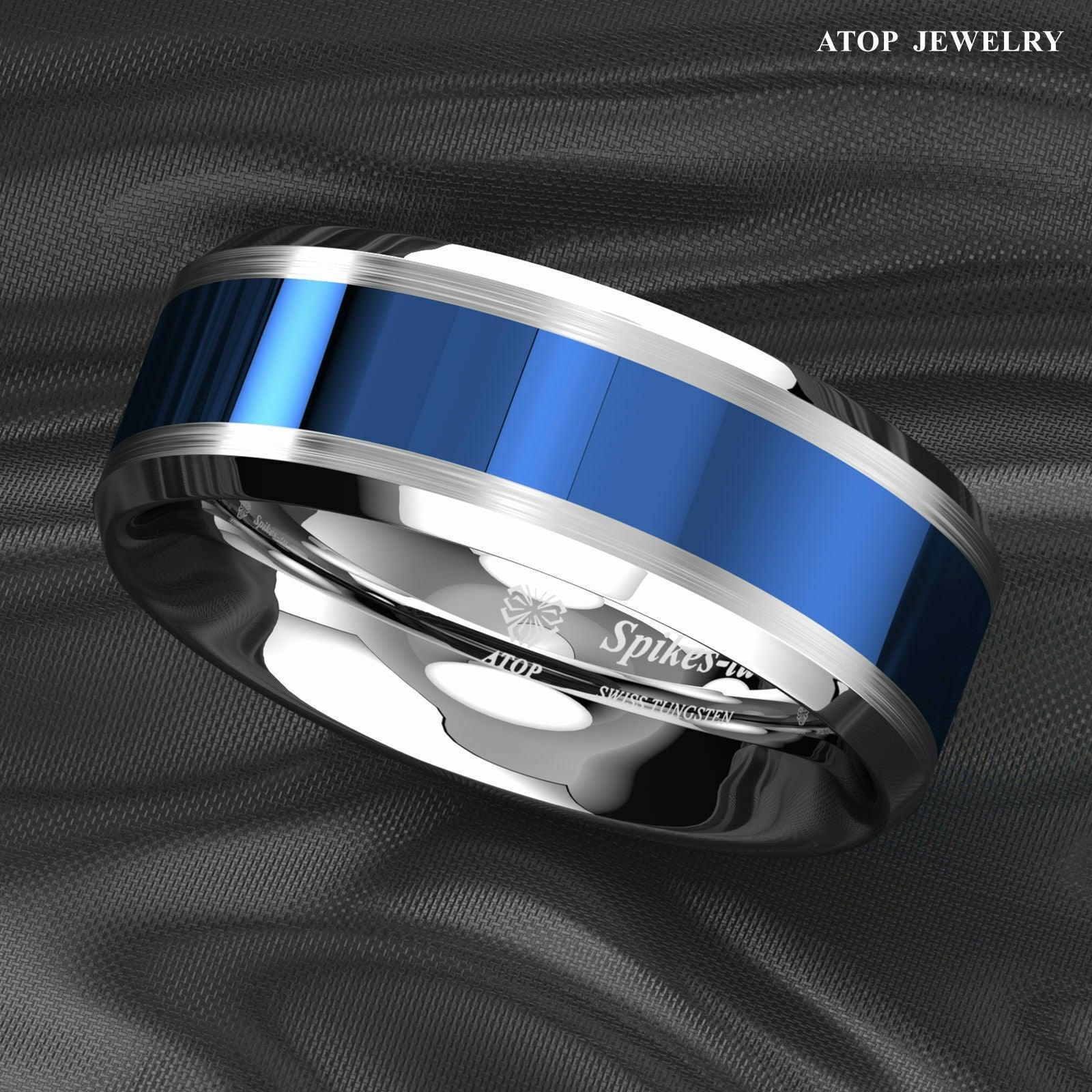Tungsten Rings for Men Wedding Bands for Him Womens Wedding Bands for Her 8mm Blue Center Silver Brushed Edge - Jewelry Store by Erik Rayo