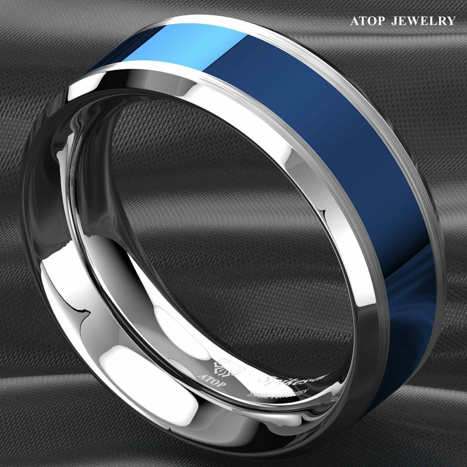 Tungsten Rings for Men Wedding Bands for Him Womens Wedding Bands for Her 8mm Blue Center Silver Brushed Edge - Jewelry Store by Erik Rayo