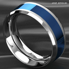 Load image into Gallery viewer, Mens Wedding Band Rings for Men Wedding Rings for Womens / Mens Rings Blue Center Silver Brushed Edge - Jewelry Store by Erik Rayo
